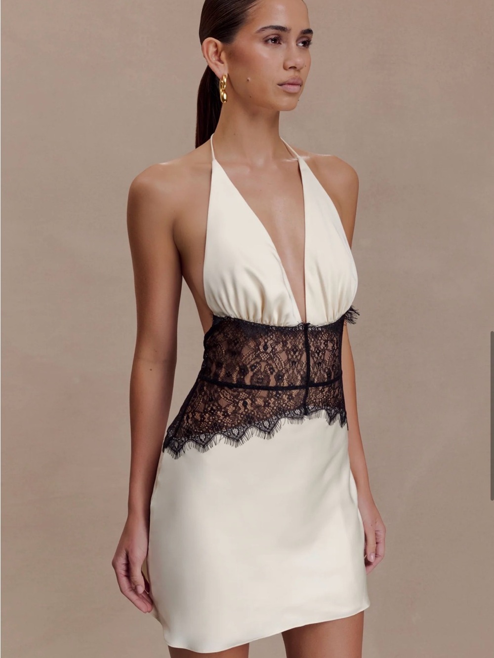 Meshki Cream Mini Dress with Black Lace Waist - Picture 4 of 6